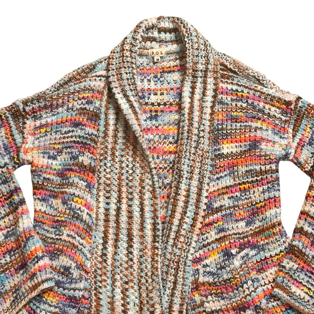 Anthropologie POL Chunky Crochet Knit Open Cardigan Sweater Fringe Trim size M - Picture 3 of 7